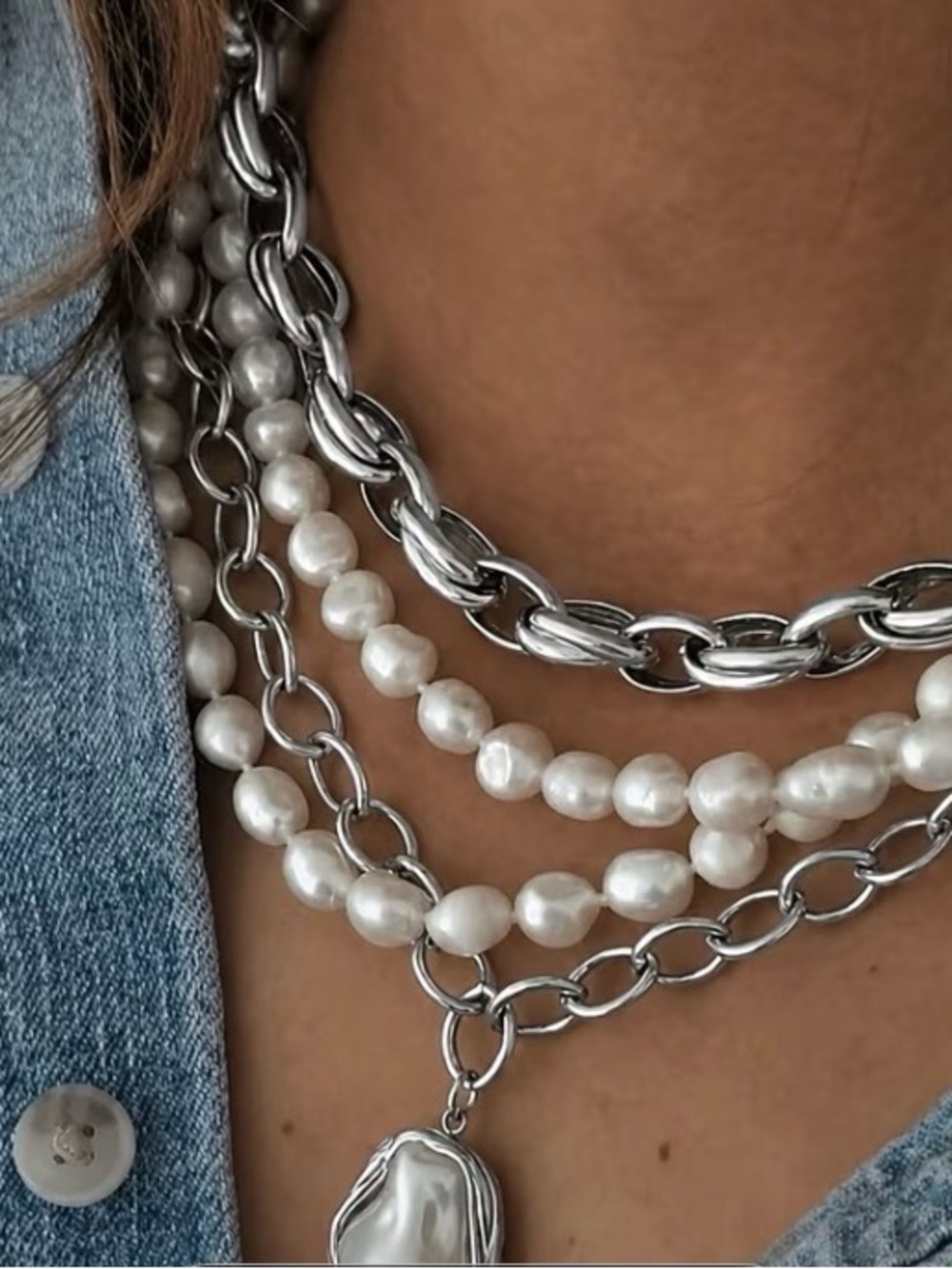 Silver Chain and White Pearl Layered Necklace Set